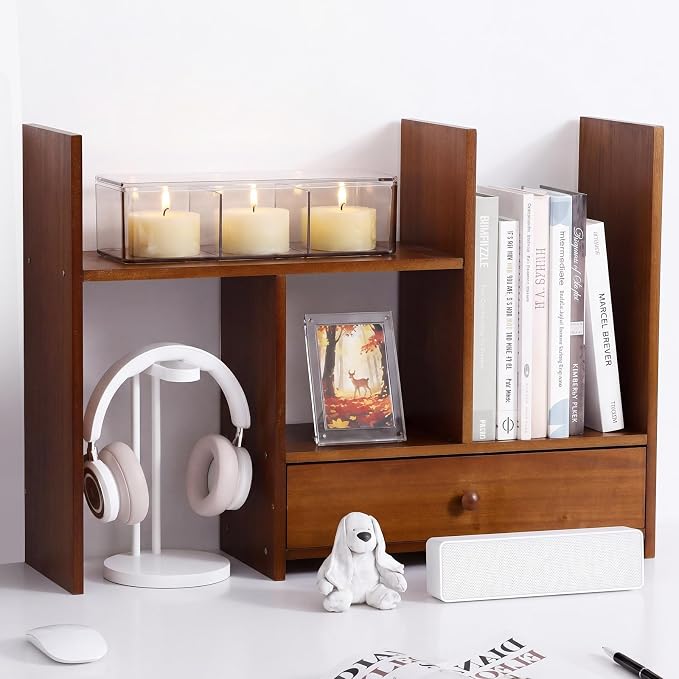 Nuanchu Desk Shelves Desktop Organizer Shelf with Drawer Rustic Office Organization Adjustable Detachable Table Top Shelving Small Hutch Corner Bookshelf for Office Home School