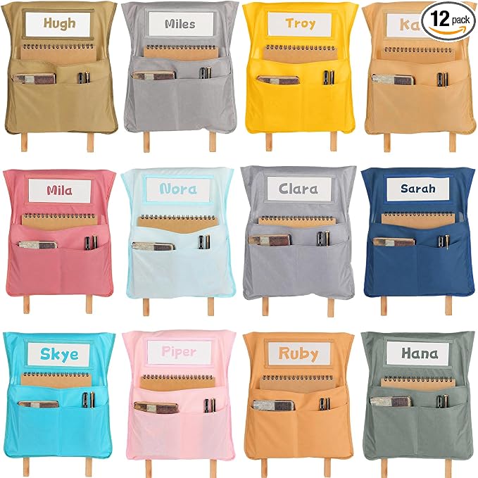 12pcs for Classroom 16.3x19.7inch Classroom Chair Pockets with Name Tag 3 Pockets Chair Organizer for Teacher Student School Office(Boho)