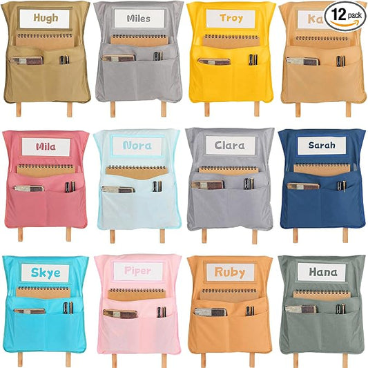12pcs for Classroom 16.3x19.7inch Classroom Chair Pockets with Name Tag 3 Pockets Chair Organizer for Teacher Student School Office(Boho)