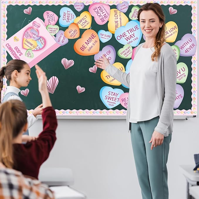 3D Valentine’s Day Conversation Heart Christian Bulletin Board Decorations Candy Heart Cutouts Border Trim Religious Jesus Sunday School Classroom Door Decor for Chalkboard Valentines Party Supplies