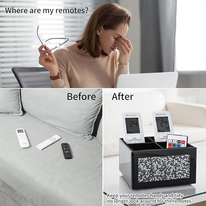 Black 360 Rotating Remote Control Holder, Crushed Diamond TV Remote Controller Holder for Table, Desk Organizer for Pens and Pencils, Make Up Brushes, Remote Caddy Storage