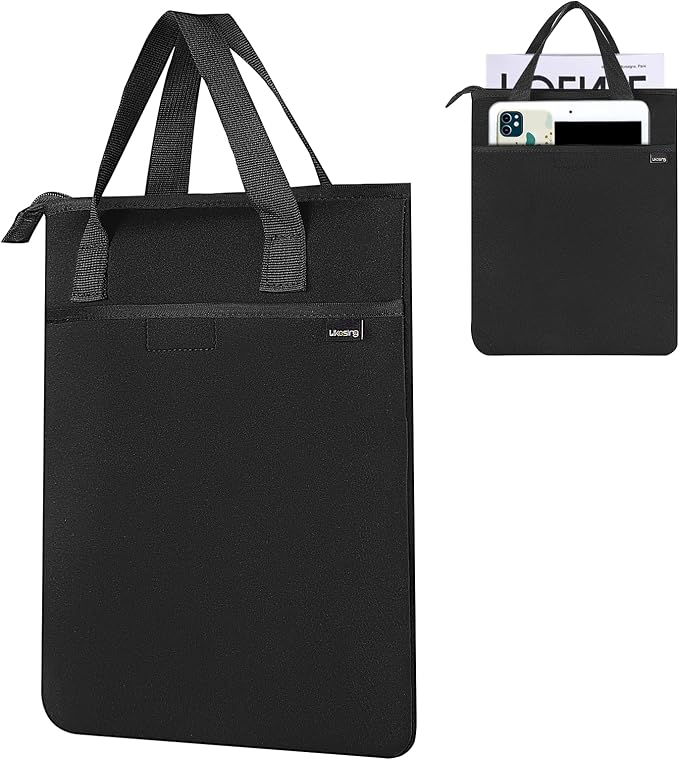 Likesing Book Sleeve for Book Lovers, 12.2" x9.8" Waterproof Book Pouch with Front Pocket, Black Neoprene Book Cover with Zipper for Pad Paperbacks Textbooks Bible Book Club Gifts