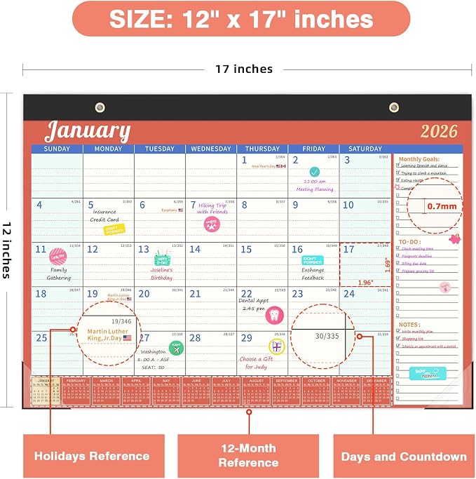 Ospelelf 2026 Desk Calendar with Plastic Cover, 12'' x 17'' Monthly Deskpad & Hanging Wall Calendar, 18 Month Family Office Calendars, Use January 2026 - June 2027, Colors