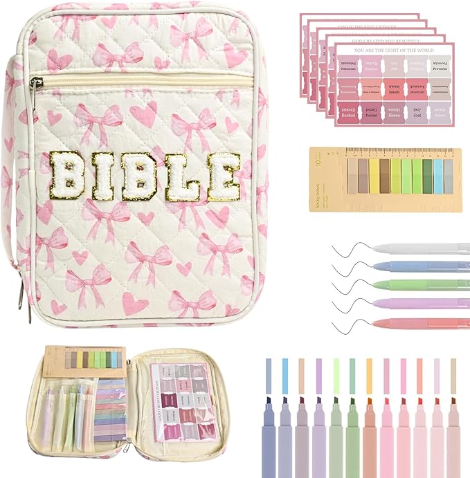 Bible Cover Case for Women Large Chenille Letter Bible Bag with Handle Quilted Bible Carrying Case for Girls Bible Study Supplies Accessories (Pink Bow)