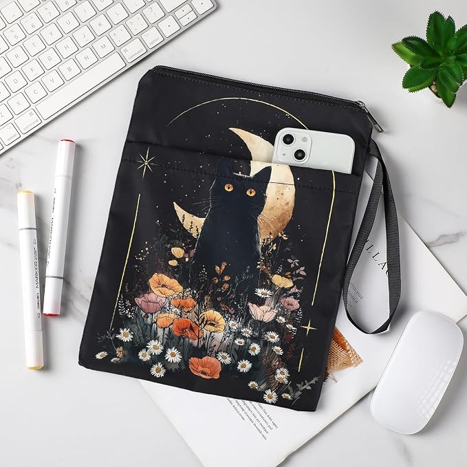 Book Sleeve with Zipper - Black Cat Books Cover Protector for Paperbacks Flower Moon Waterproof Bookish Pouch Reader Librarian Accessories Halloween Christmas New Year Gifts for Bookworms