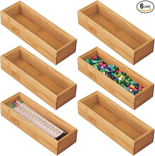 mDesign Wooden Bamboo Office Drawer Organizer Box Tray, Stackable Storage for Drawers, Cabinets, Shelves, Cubby, or Desktop, Hold Pens, Pencils, Supplies, Echo Collection, 6 Pack, Natural Wood Finish