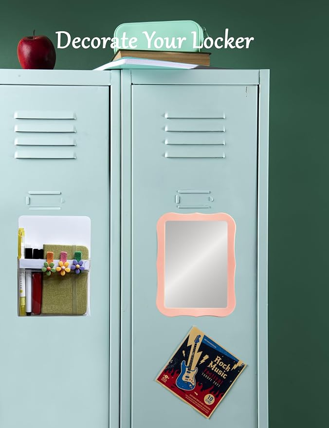 Magnetic Locker Mirror with Pen Holder, Practical Locker Accessory Kit, Pink