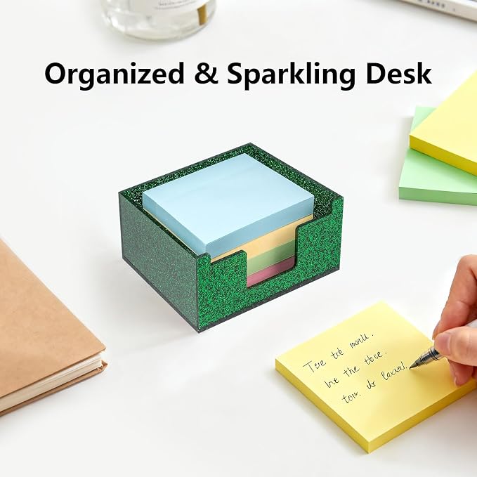 Green Sparkling Sticky Note Holder, Glitter Acrylic Organizer, 3.94 x 3.94 in Multi-Use Tray for Office, School & Home Desk