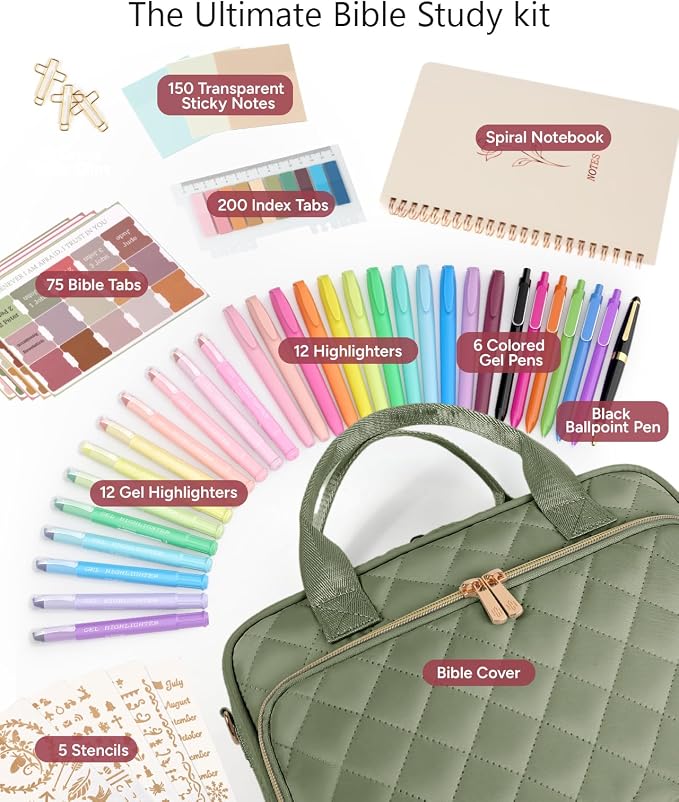 BellaHold All-in-One Bible Journaling Kit – Quilted Bible Cover Case for Women, 31 Highlighters, 75 Tabs, Bible Study Supplies & Christian Gift for Women and Teens (Shoulder Strap, Olive Green)