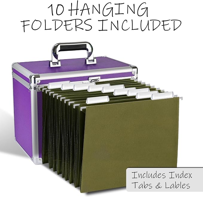 File Storage Cabinet for Letter Size Hanging File Folders, Suspension File Holder, Document Organizer Filing Lockbox in Office and Home with Combination Lock and 10-pack Hanging Files (Purple, Letter)