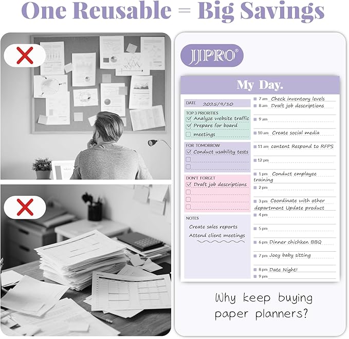 JJPRO Reusable Desktop Daily Planner with Stand,Hourly Dry Erase Board,11"x8.5"Schedule Board,Dry Erase Time Schedule with Time Slots, Desk Hourly Dry Erase Board w/Engineered Wood Stand-Purple
