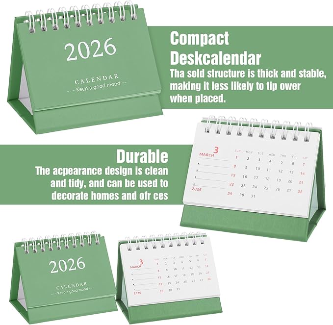 Tyqour Small Desk Calendar 2026 Mini Desk Calendar Cute Standing Flip Desktop Calendar 2026 Metal Ring Binding, Compact Size for Home Office School (Green)