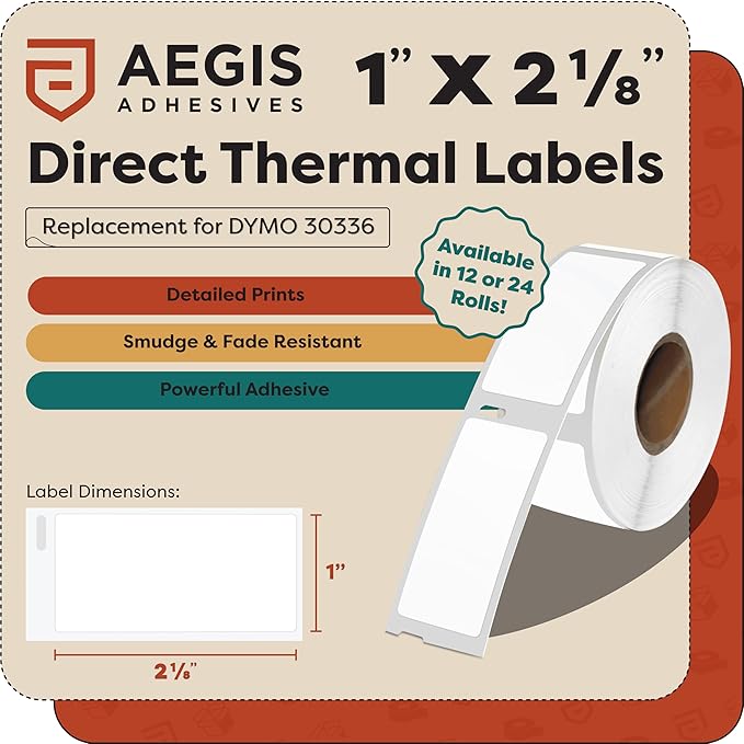 Aegis Adhesives - Replacement for DYMO 30336 (12 Rolls, 6000 Labels) 1" X 2 1/8" Direct Thermal Barcode and Address Labels - Compatible with LabelWriter 450, 450 Turbo, 4XL (NOT 550, 5XL)