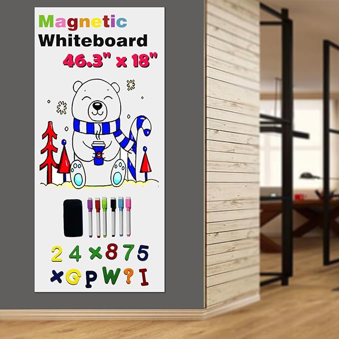 Magnetic Whiteboard Paper for Wall 46.3" x 18" Adhesive Magnetic Dry Erase White Board Sticker with 36 Magnet Letters 6 Markers for Office Removable Peel and Stick Whiteboard Wallpaper Roll