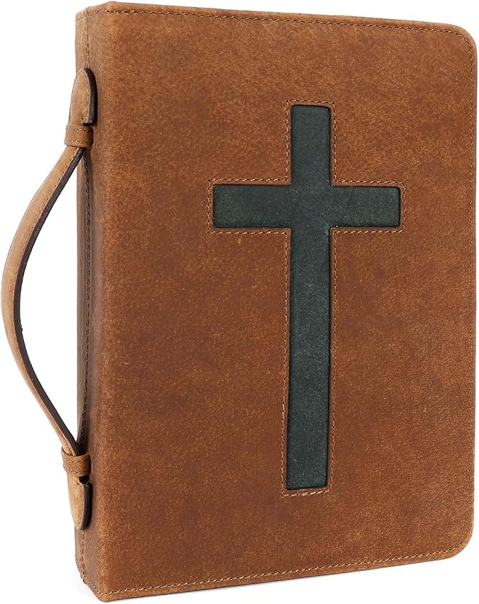 ELIZO Leather Bible Cover Bible Case for Men Women Genuine Leather Bible Bag Holder Cross Large Carrying with Zipper Case Protector Christian Religious Gifts for Mens Pioneer Saddle Green Study/Large