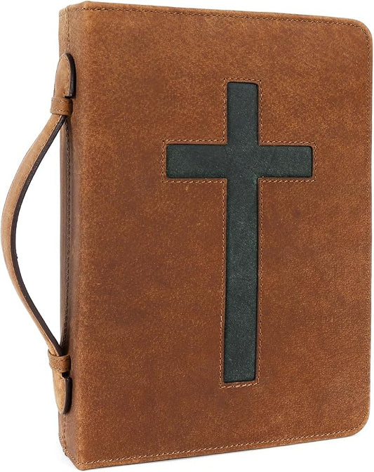 ELIZO Leather Bible Cover Bible Case for Men Women Genuine Leather Bible Bag Holder Cross Large Carrying with Zipper Case Protector Christian Religious Gifts for Mens Pioneer Saddle Green Study/Large