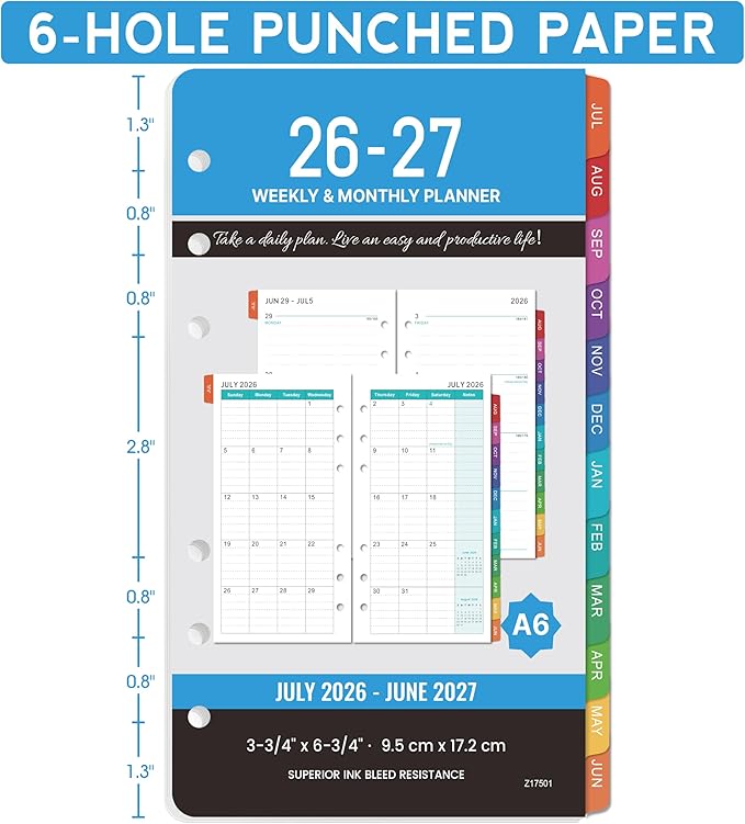 2026-2027 Planner Refills - 4" x 7", A6 Weekly and Monthly Planner Inserts, Jul. 2026 - Jun. 2027, Planner Refills 2026-2027, 6 Holes, Colorful Monthly Tabs