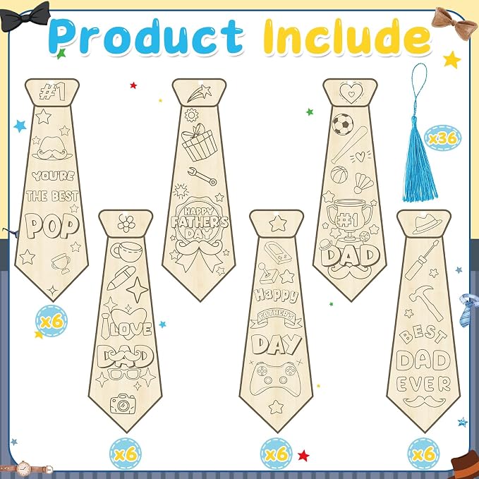 36Pcs Color Your Own Father's Day Bookmarks for Kids, Fathers Day DIY Tie Art Craft Kits Make Your Own Tie Bookmarks with Tassels DIY Father's Day Art Craft Gifts from Kids for Party Goodie Fillers