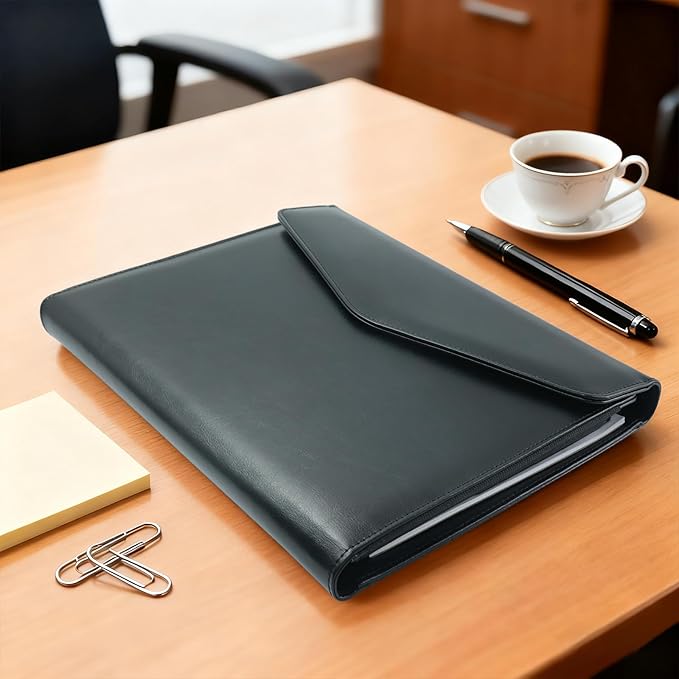 Professional Trifold Padfolio with Magnetic Closure – A4 Letter Portfolio Organizer for Business Meetings, Interviews & Presentations, Document Folder with Notepad Holder Black