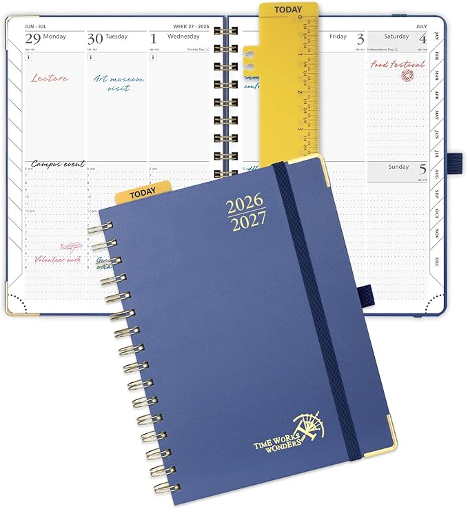 POPRUN 2026-2027 Academic Year Weekly and Monthly Planner Calendar,Jul 2026 - Jun 2027，6.25" x 8.5",Daily Agenda Book & Appointment Book with Hourly Schedule, Tabs, Hardcover, School and Office Supplies - Light Yellow