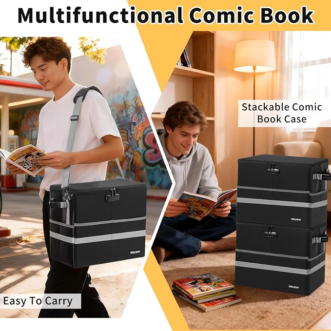 Graded Comic Storage Case Fits 30 CGC Comics, Fireproof & Moistureproof Comic Book Box, Stackable Comic Organizer Bin with Lock and 3 Internal Dividers