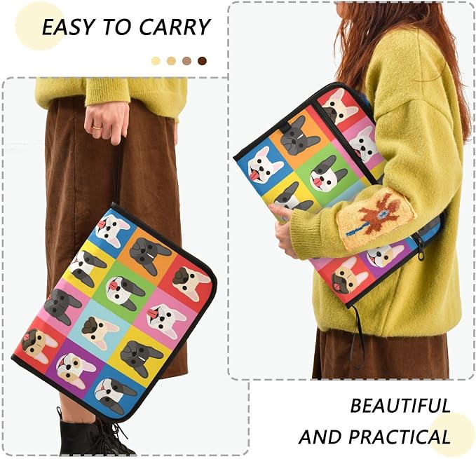 13 Pockets Expanding File Folder French Bulldog Pop Art with Sticky Labels Accordion File Folder Document Organizer Letter Size A4 Papers Expandable File Keeper