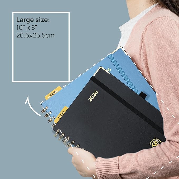POPRUN 2026 Planner Daily Weekly and Monthly Calendar with Hourly Schedule, Monthly Tabs(Large Size 10'' x 8'' Wire-Bound Hard Cover) - Agenda 2026 (Jan.2026-Dec.2026) - Haze Blue