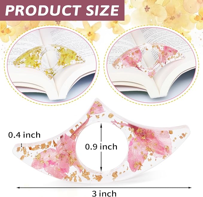 Book Page Holder, Tumwisk 2PCS Reading Accessories, Handmade Dried Flower Thumb Page Holder, Reading Accessories for Book Lovers, Resin Thumb Bookmark Gifts for Readers（Pink and Yellow