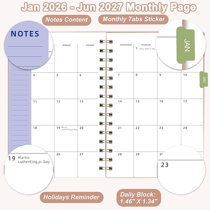 2026-2027 Day Planner, Weekly & Monthly Planner from Jan 2026-Jun 2027, 18 Month Calendar Planner, Agenda 2026 with Tabs Stickers, A5 Size, Pink