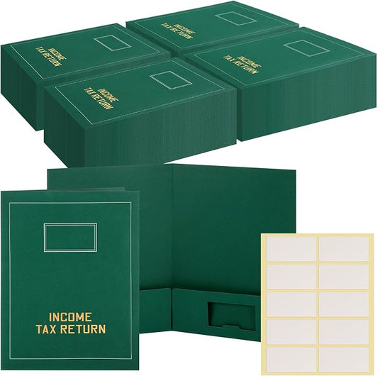 Kisston 100 Pcs Tax Return Folders Bulk 2 Pocket Gold Foil Stamped Income Tax Folders with Labels Business File Office Blank Organizer (Green)