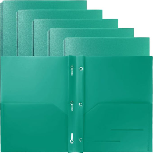 Youngever 6 Pack Heavy Duty Plastic Two Pocket Folders with 3 Prongs, Metal Prongs Fastener, Heavy Duty Plastic 2 Pocket Folder (Green)