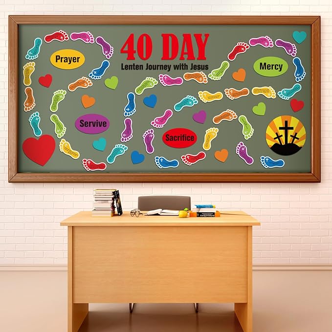 Mooliwe 67 Pcs Religious Bulletin Board Set 40 Day Lenten with Jesus Bulletin Boards Sunday School Decoration Christian Bulletins Board Cutouts for Church Sunday School Classroom Chalkboard Wall Decor