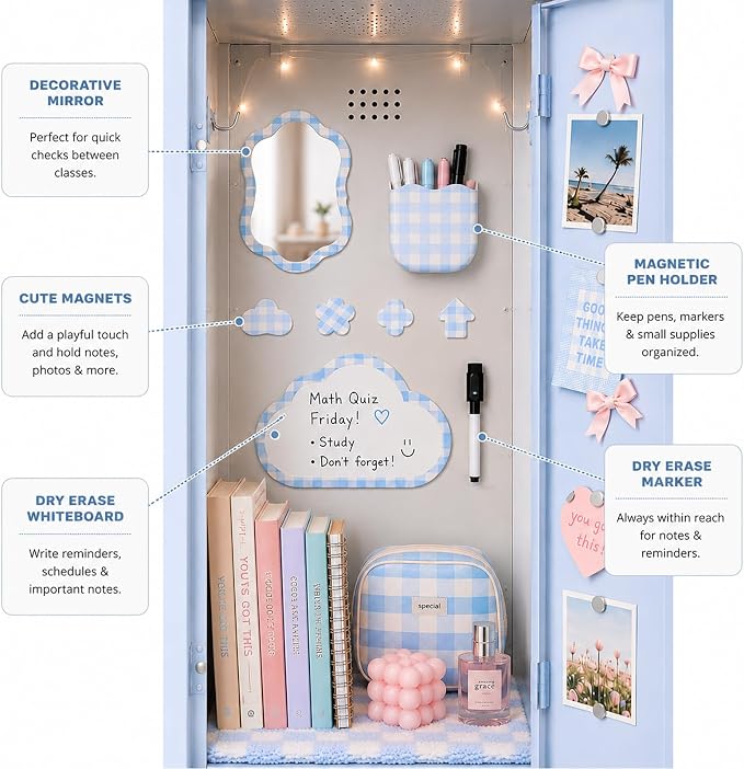 Svartur Magnetic Locker Accessories Set - Locker Mirror, Dry Erase Whiteboard, Magnetic Pen Holder & Cute Magnets, Aesthetic School Locker Decor for Girls, Locker Organizer Kit, Blue
