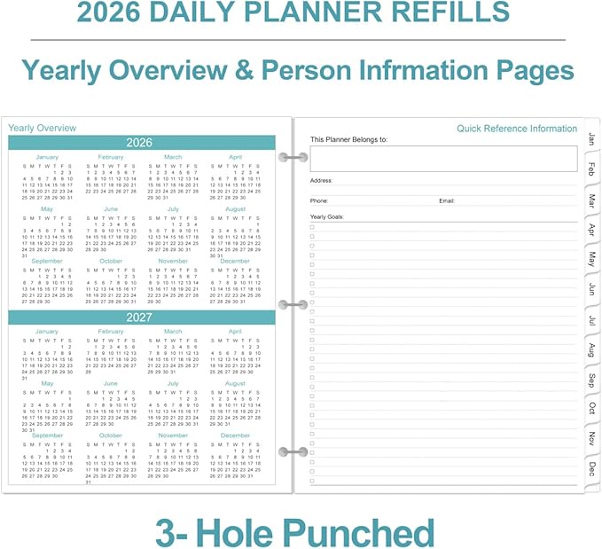 2026 Planner Refill - One Page Per Day, 3-Hole Daily ＆ Monthly Planner Refills, January 2026-December 2026, Prioritized, To-Do List, Notes, Appointment Schedule, Folio Size, 8.5" x 11"