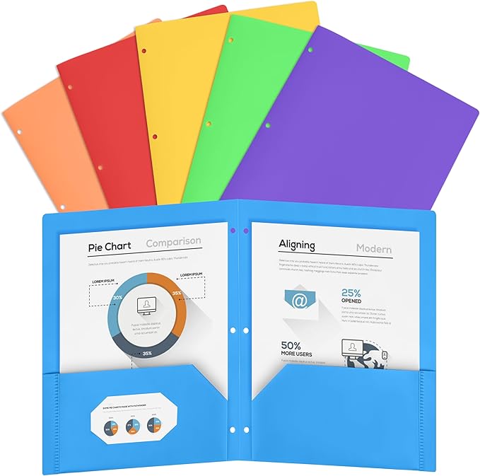 Cesil 6 Pack Folders with Pockets 3 Hole Punched, Plastic Pockets Folders for 3 Ring Binder with Labels, Heavy Duty Binder Folder, 2-Pocket Folder for Document, Colored File Folders Letter Size