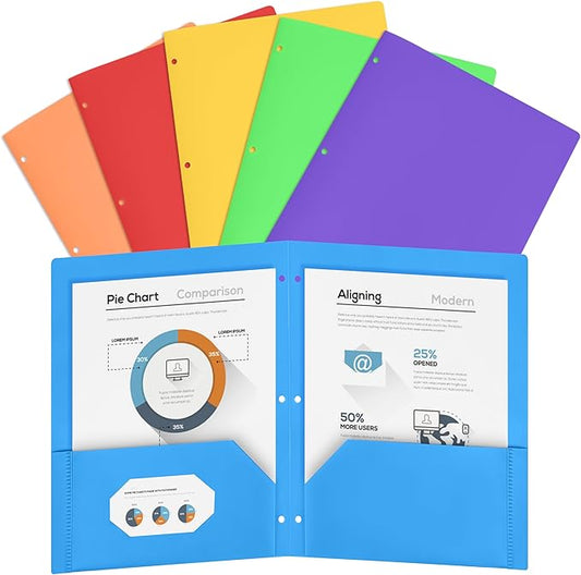 Cesil 6 Pack Folders with Pockets 3 Hole Punched, Plastic Pockets Folders for 3 Ring Binder with Labels, Heavy Duty Binder Folder, 2-Pocket Folder for Document, Colored File Folders Letter Size
