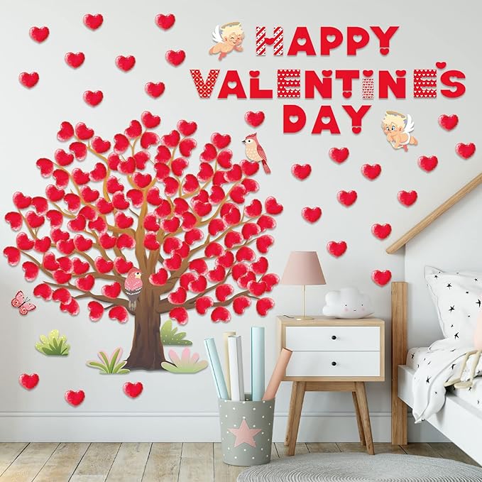 Pajean Valentines Bulletin Board Decorations Valentine Day Tree Bulletin Board Set Heart Bird Angel Classroom Tree Stickers Heart Wall Background Banner Door Decor (Cute Style)