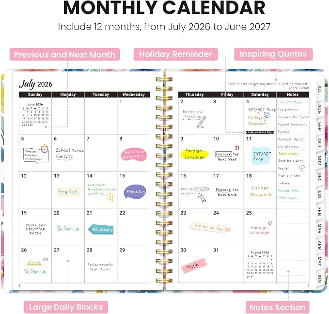 Planner 2026–2027, Academic Planner Weekly and Monthly Calendar Jul 2026 – Jun 2027 Hardcover Planner with Tabs and Pocket, Spiral Bound Agenda Book for Student & Teacher, 6.3" x 8.5", Bloom Floral