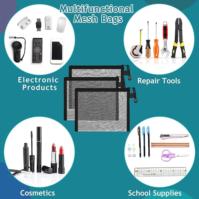 15 Pcs Mesh Zipper Pouch Bags,Black Makeup Bags,Zipper Nylon Mesh Pouch,Nylon Mesh Cosmetic Bags,Portable Makeup Pouches Organizing for Travel and Office Supplies(Black, 8.8x 7 Inch)