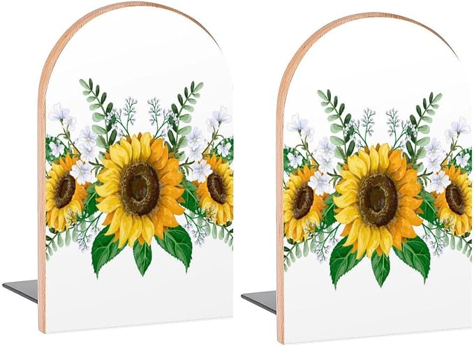 Sunflowers Bouquet Wild Flower Book Ends Decorative Wood Bookends for Shelves Kids Room Desk Home Office Book Stoppers for Magazines,Books, DVDs, 1 Pair/2 Pieces(5x3.1 in)