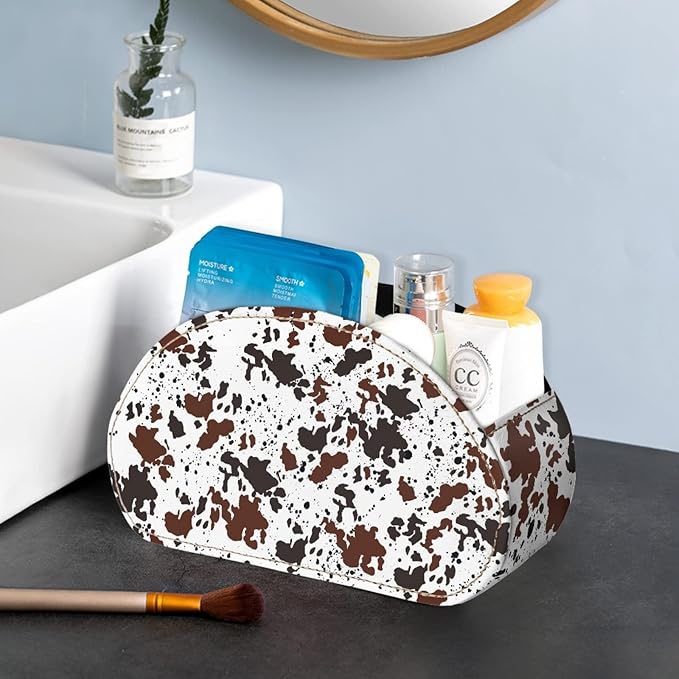 FUSURIRE Vintage Cow Print Tv Remote Controllers Holders for Desk Bed Couch Sofa, PU Leather Desk Storage Box Cosmetic Cup Multi-functional Pencil Holder, Cow Home&Office Accessories