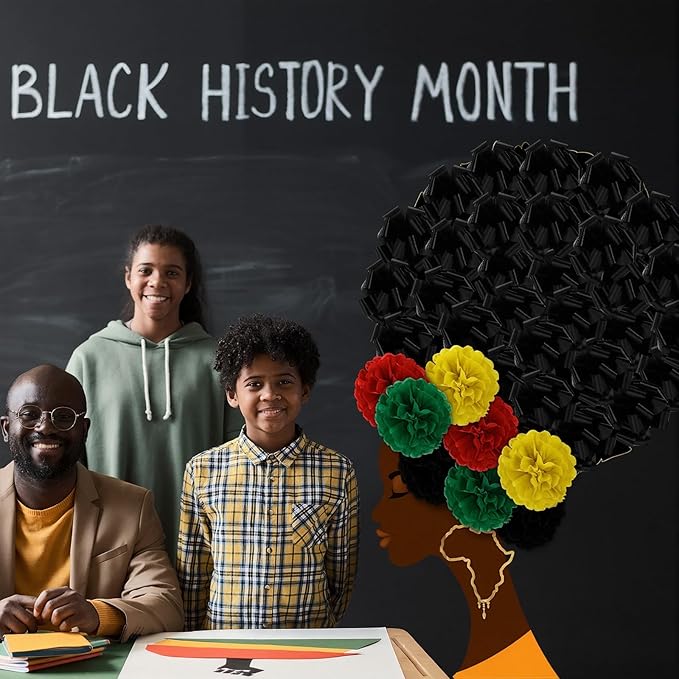 Hahafelt 77 Pcs Large Bulletin Board Decor 34.7 x 53.2 Inches Black Women Portrait Decor 6 Inch Paper Flowers 4.7 Inch Pull Bows for Classroom African American Celebration(Black History Month Green)