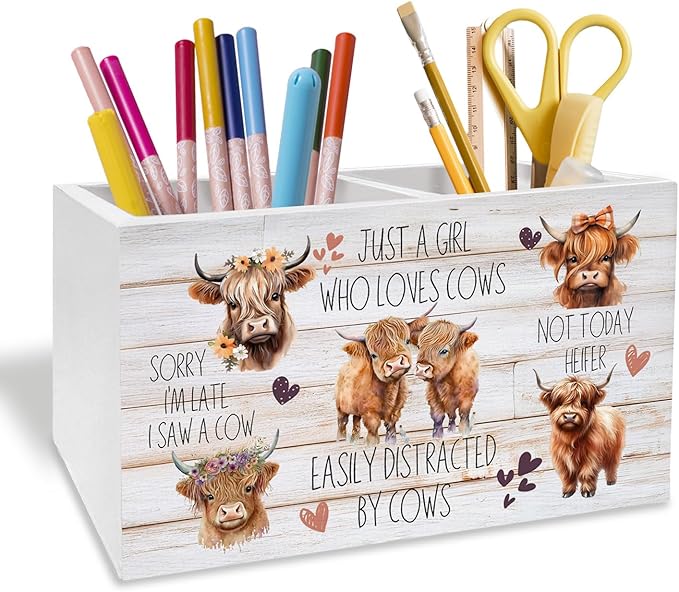 Highland Cow Pen Holder for Desk, Funny Easily Distracted by Cows Pencil Organizer, Highland Cow Desk Accessories, Rustic Gifts for Women Home Office Decor