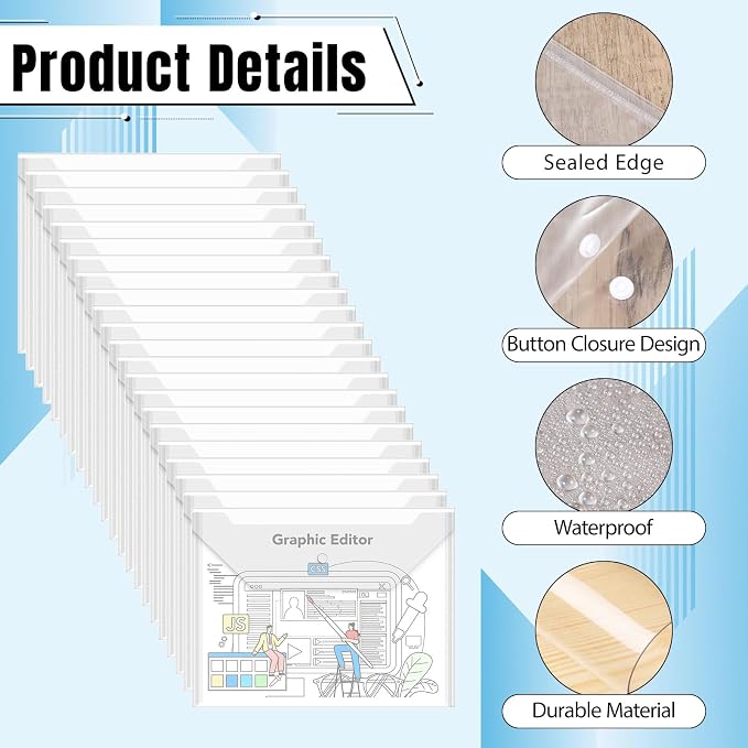 100 Pcs Clear Envelopes with Button Snap Closure, A4 Letter Size Plastic Envelope Folders for Documents Water-Resistant Envelope File Folder for Office Home Supplies