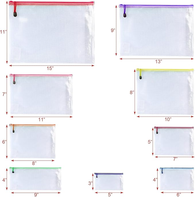 Oaimyy-Mesh Zipper Pouch Bags, 8 Sizes 8 Color Plastic Clear File Pouches for Organization, Zipper Pouches for Office Home Supplies Board Game Storage (Multicolor-9 pcs)