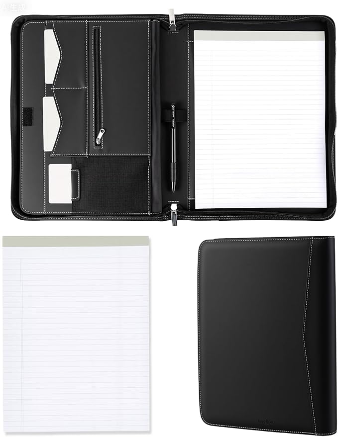 Padfolio Portfolio Organizer Binder,Faux Leather Interview Resume Folder,Letter Size A4 Legal Writing Pad Holder for Business School Office Conference Notepad Clip Boards （Black）