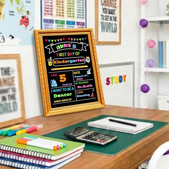 First Day of School Sign,11.69”x8.27” Back to School Supplies Board for Kindergarten, Preschool Supplies Decorations Reusable Photo Prop for Kids with Liquid Chalk Markers(A Frame)