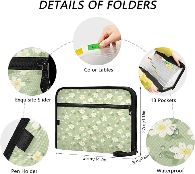 Pale Green and Yellow Flowers Accordion File Organizer Expanding Document Folder with 13 Pockets Portable File Folder for A4 Letter Size
