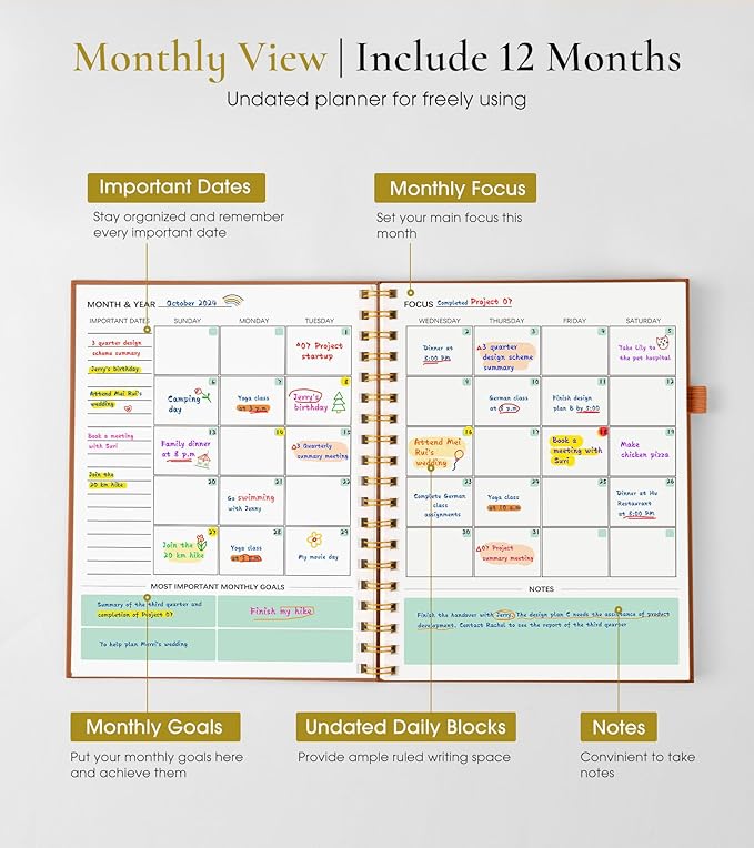 Undated Weekly and Monthly Planner, B5 Large Weekly To Do List Notebook with Goal & Habit Tracker Organizer, Hardcover Spiral Bound Blank Monthly Planner for Work School Home 7.4" x 9.64" Brown