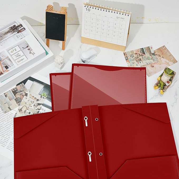 Henoyso 36 Pcs Plastic Folder with Clear Front Pocket and 3 Prong Plastic Folders with Card Slot Pocket Folders with Prongs for School Office (Burgundy)